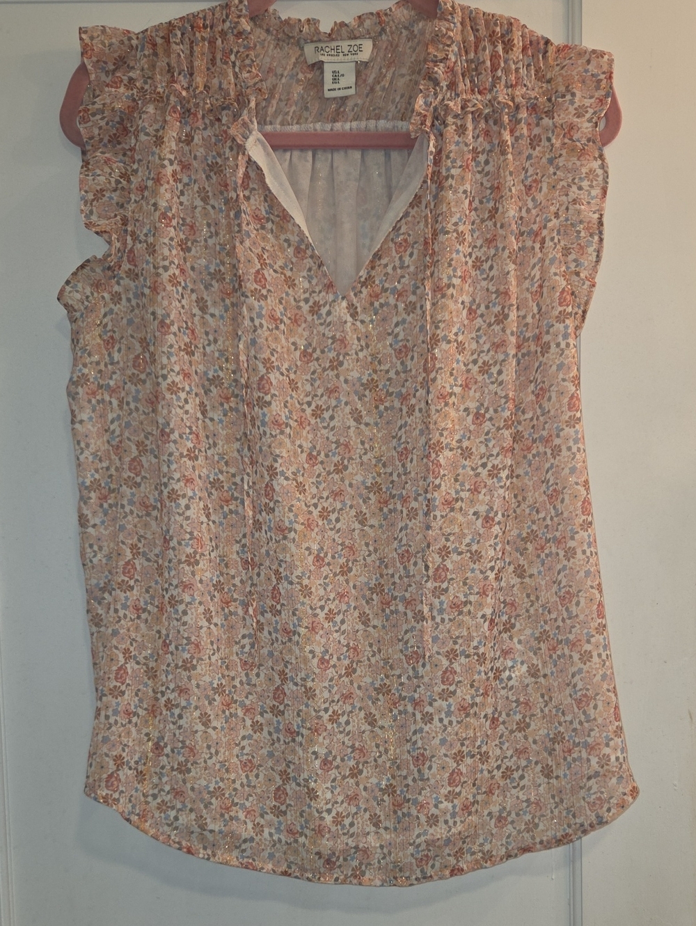 Rachel Zoe Peach Floral Ruffle-Sleeve Blouse